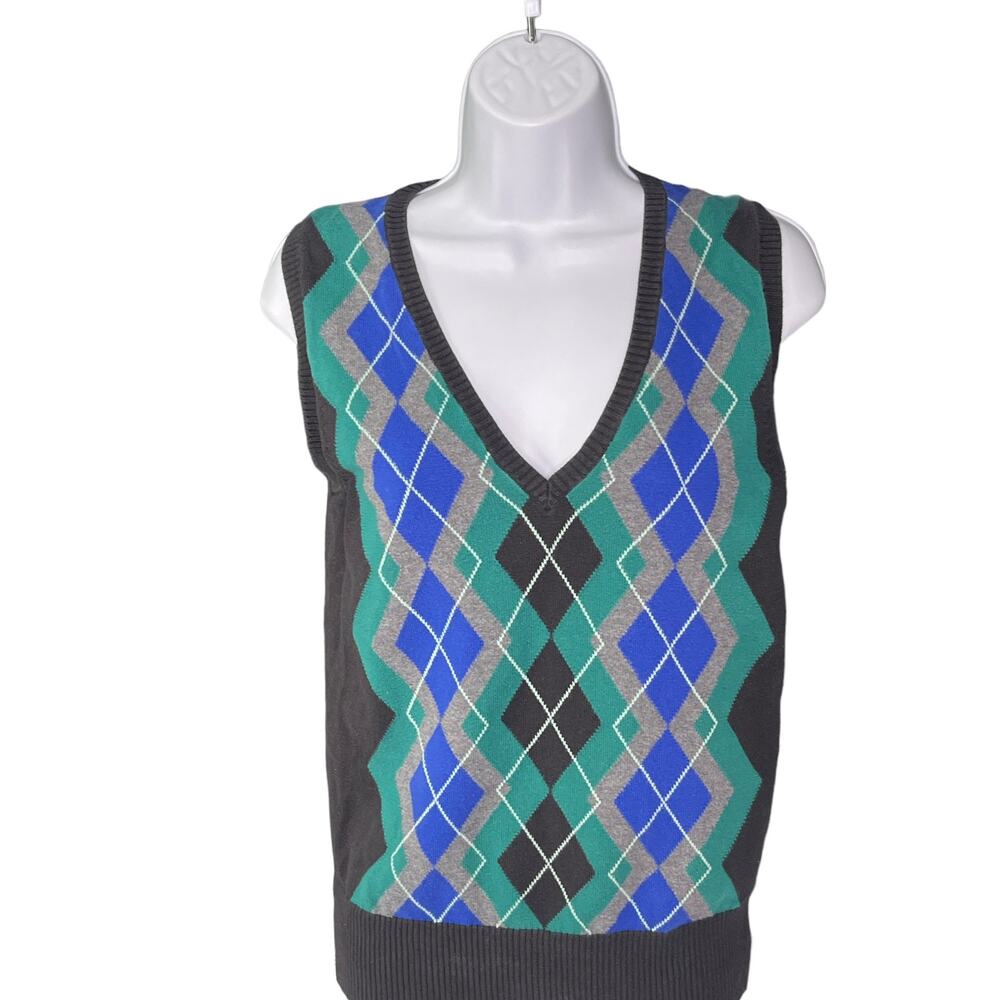 The Limited Argyle 90s Sweater Vest Black Green Blue Medium - Picture 4 of 7